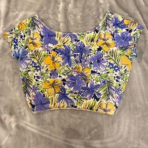 Blue and yellow floral print crop top